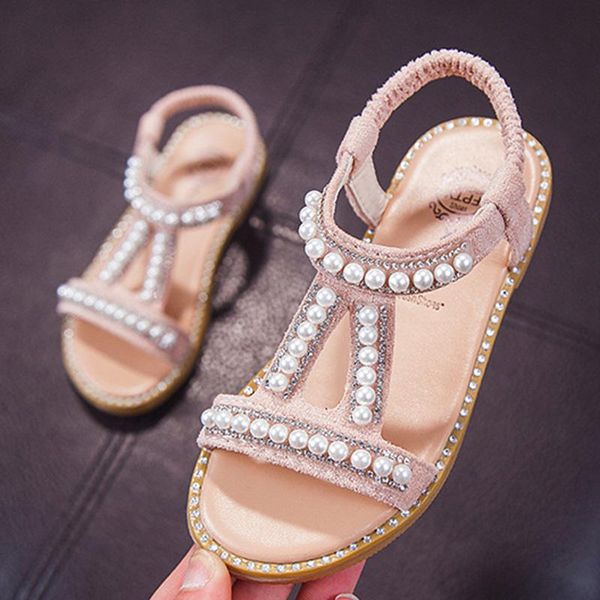 

sandals baby girls fashion summer 2021 toddler kids slip on pearl crystal children single princess roman shoes slipper, Black;red