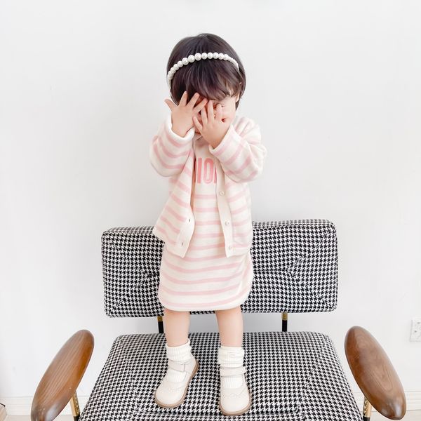 

autumn sweet girls suits kids striped knitting cardigan with short sleeve dress 2pcs/set children's girl clothing two colors, White
