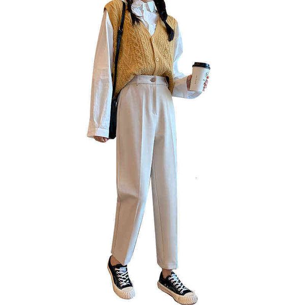 

junming harlan pants women's autumn and winter high waist loose casual straight tube black thin pipe wool nine point suit, Black;white