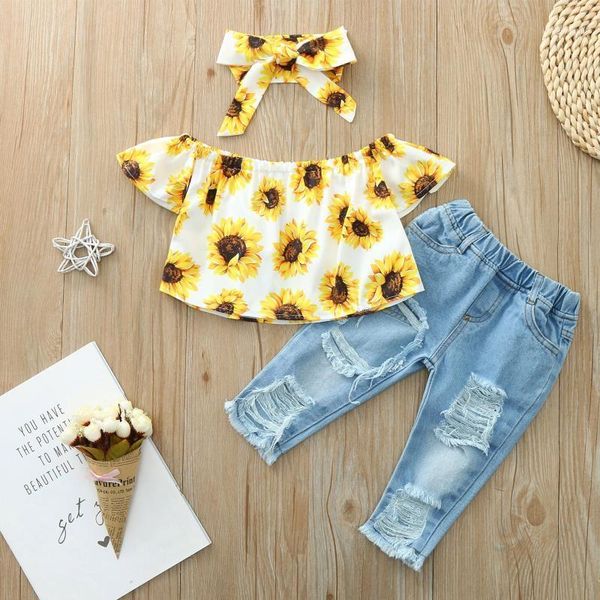 

clothing sets 3pcs summer toddler kids baby girls clothes off shoulder sunflowers shirt + hole denim pants headband outfits 1-4 y1, White