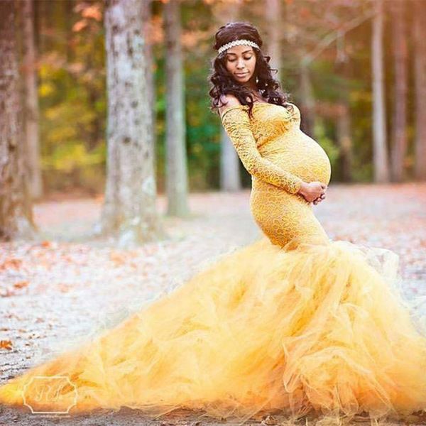 Nuovo abito di maternità a maniche lunghe abito lungo in pizzo donne incinte fotografia abito di gravidanza abiti di maternità per servizio fotografico prop Q0713