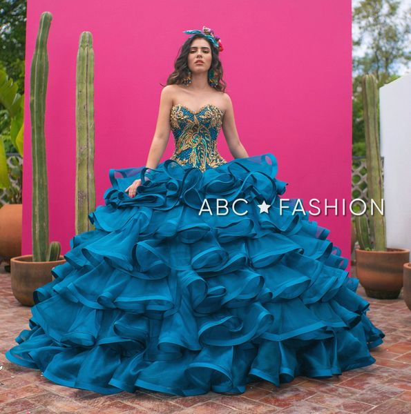 

princess blue quinceanera dresses with gold lace embroidery beaded sweetheart ball gowns prom dress lace-up sweet 16 gown, Blue;red