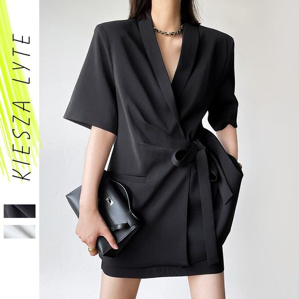 

women's suits & blazers women casual for summer 2021 high fashion lace up loose short sleeve baggy blazer jackets all match outwear, White;black