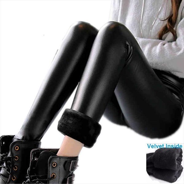 

fashion winter velvet warm women leggings high waist stretch skinny pencil pants brand faux leather lg166, Black