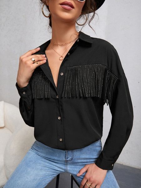 

drop shoulder rhinestone fringe trim blouse 32kw#, White