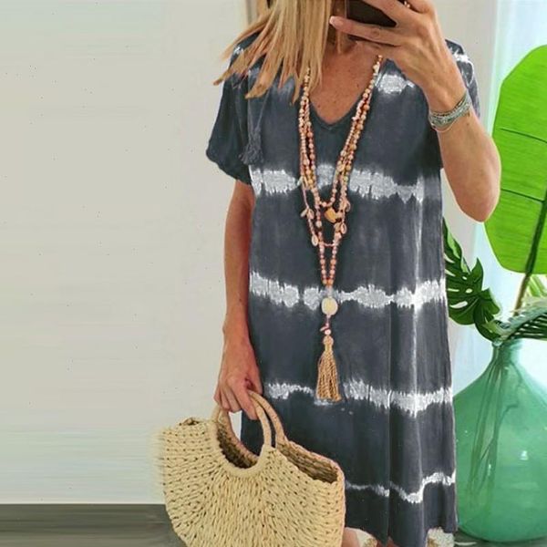 

s 3xl womens boho casual striped tie dye print dress patchwork summer v neck loose t shirt dress beach holiday femme robe, Black;gray