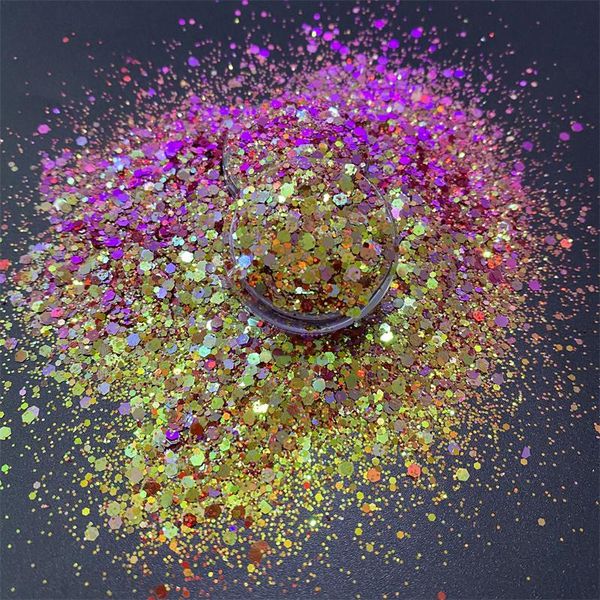 

nail glitter 200g chameleon purple yellow hexagon shape mixed chunky powder color shifting for art diy crafts decoration, Silver;gold