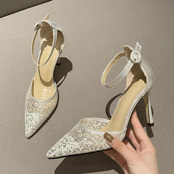 

dress shoes 2022 brand women pumps fashion sequined mesh cloth mules high heels white pointed toe ankle buckle strap wedding bride, Black