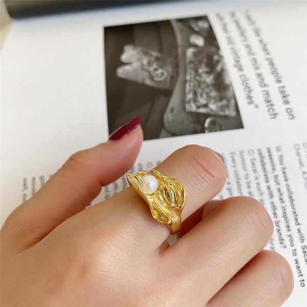 

cluster rings minimalist irregular flower pearl 925 sterling silver ring for women gold color leaf opening joint anillos, Golden;silver
