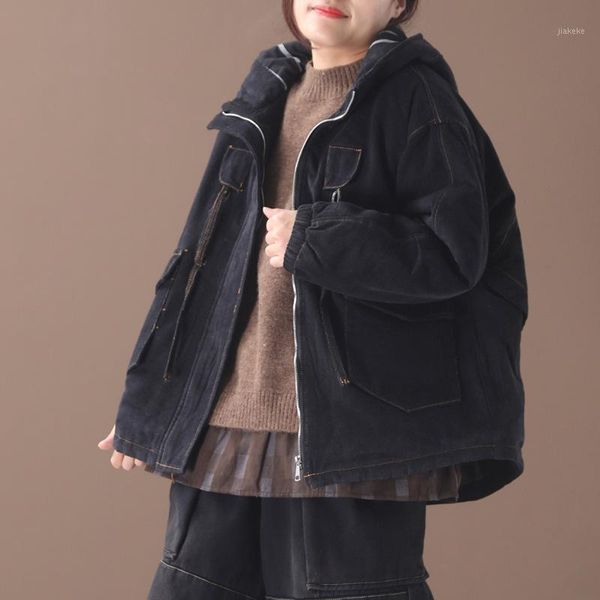 

short parka leisure women clothes 2019 new winter denim coat full sleeve zipper solid color casual loose ladies coats1, Black