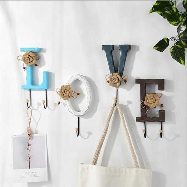 

hooks & rails modern style wall mount, rustic wooden love letter design decorative mounted coat rack set with 6 iron for keys