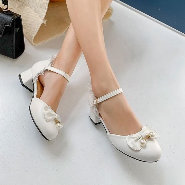 

pxelena lo sweet girls med heels mary janes sandals 2021 summer round toe pearls bowknot lolita shoes white pink plus size 34-43, Black