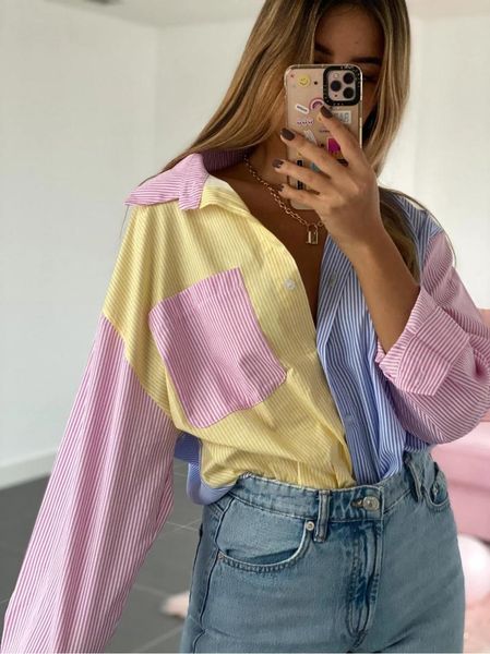 

women's blouses & shirts junwu summer color vertical stripes stitching pocket lapel loose jacket single-breasted long-sleeved shirt cas, White