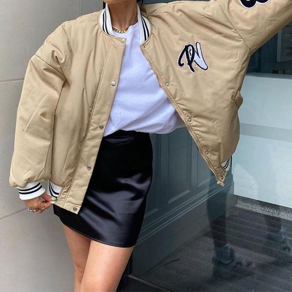 

women's jackets women casual loose style coat, letters embroidery pattern button-down bomber jacket with pocket coat clothing 2021, Black;brown