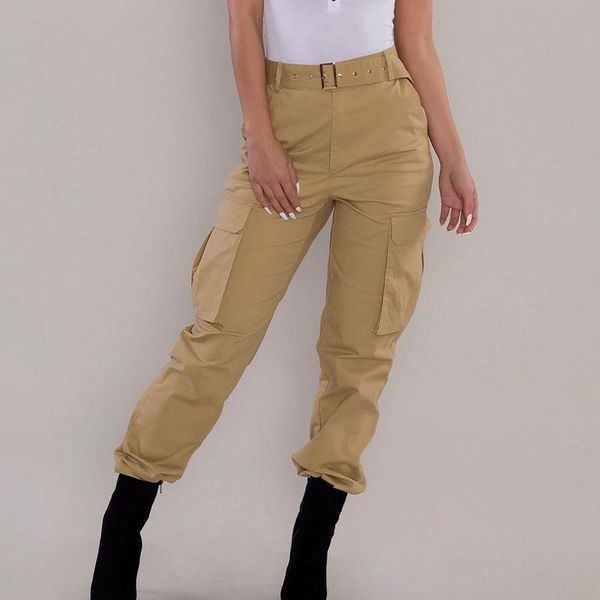 

women's pants & capris 2021 autumn lady fashion all-match solid sport pant elegant multi pocket slim fit long casual streetwear cargo, Black;white