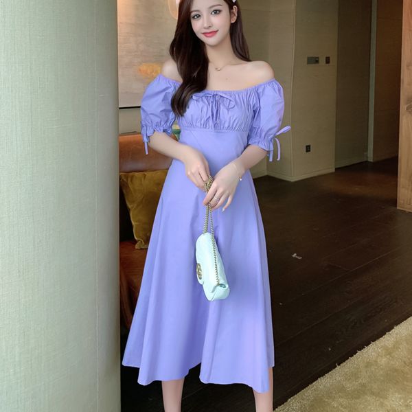 

2021 new vintage square collar long purple korean ladies elegant party slim plus size sleeve robe longue 1ag0, Black;gray