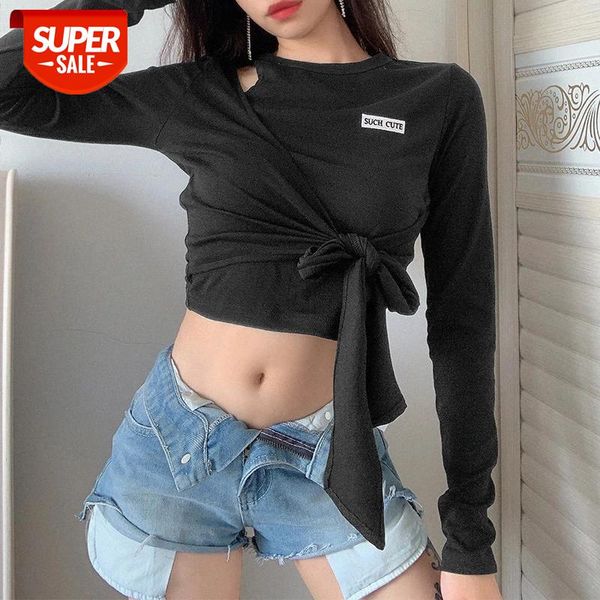 

bodycon solid color packsge hip high waist strapless t-shirt autumn streetwear black pullover round neck long sleeves cropped #g02k, White;black