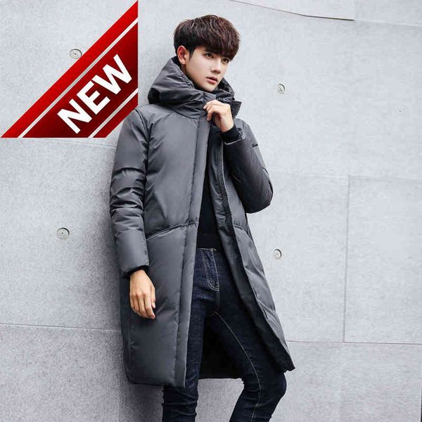 

men's new hooded down jackets mid length thicken winter jacket men korean slim young male warm zipper white duck coats, Black