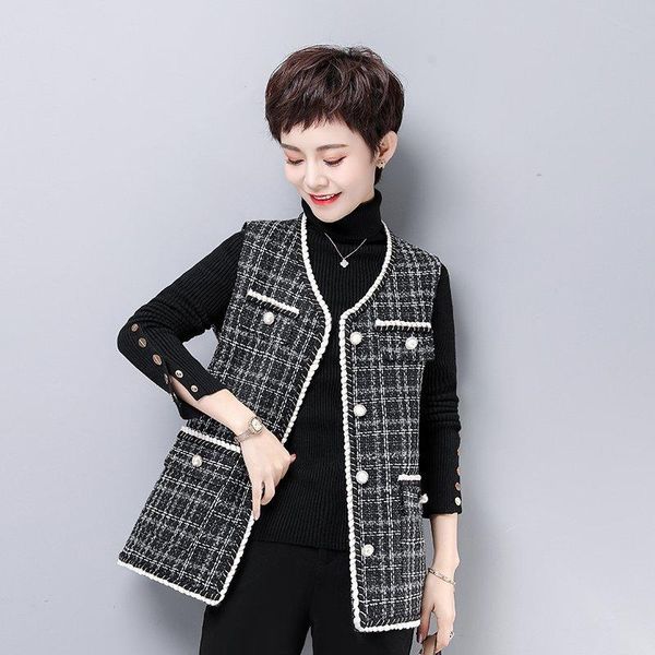 

women's vests 2021 retro temperament high-quality waistcoat thin elegant style jacket lattice small fragrant wind vest women, Black;white