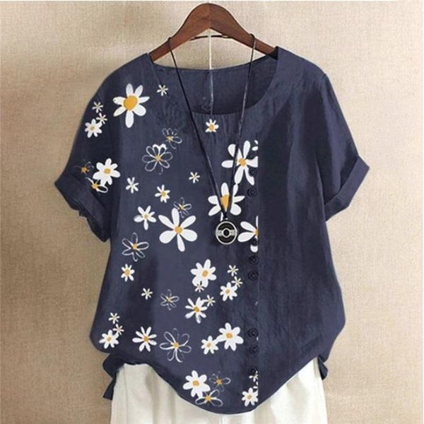 

women summer daisy print blouse shirt elegant short sleeve buttons pullover 2xl casual o-neck lady blusa, White