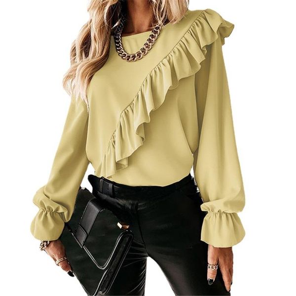 

women's blouses & shirts chic tunic spring ruffles apricot ol women long sleeve elegant work flounce pleated blouse female blusas, White