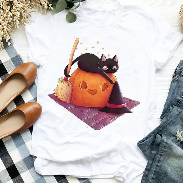 

women lady pumpkin cartoon cat trend autumn fall halloween print tshirt shirt clothes graphic female t tee womens t-shirt, White