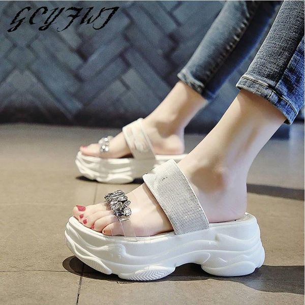 

slippers summer rhinestone women flat platform buckle strap thick bottom ladies shoes fashion wedges increase tenis feminino, Black