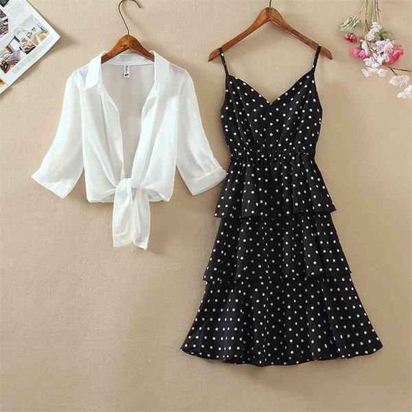 

women summer two pieces sets suit lantern sleeve chiffon shirt + mini short layered ruffle spaghetti strap dot dresses 210530, White