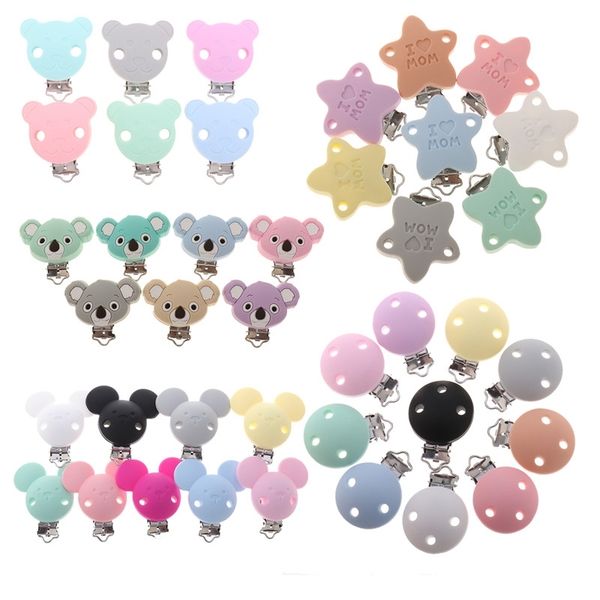 

fkisbox 10pc bear silicone koala nipple holder bpa mouse pacifier clips baby teether necklace chewing teething chain clasps 210226