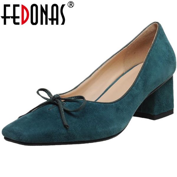 

dress shoes fedonas retro women office lady butterfly knot suede leather high heels pumps female 2021 spring party night club woman, Black