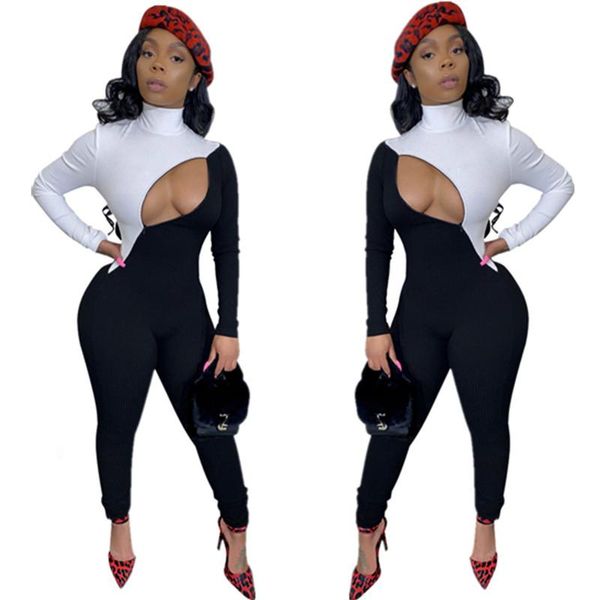 

women's jumpsuits & rompers 2021 women knitted hole zipper sashes full sleeve night club party outfits one piece, Black;white
