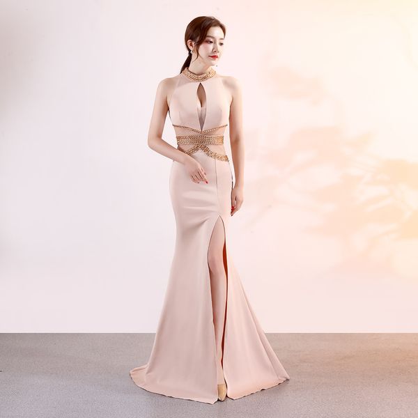 

halter evening split mermaid v-neck sleeveless formal dresses vintage hollow nightclub party gowns y46q, Black;gray