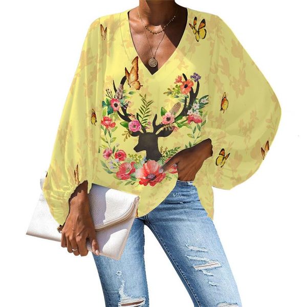 

women's blouses & shirts twoheartsgirl large size blouse floral deer design long sleeve shirt for women custom loose chiffon v-neck fem, White
