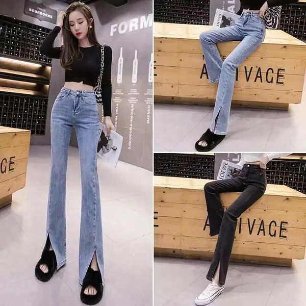 

women's jeans donsignet fashion trend split feminino loose high waist drape is thin and wide legs for woman mujer, Blue