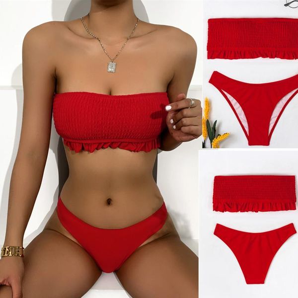 

women's swimwear 2021 women two piece swimsuit padded bikini set shirred high waist push up biquini brazillian, White;black