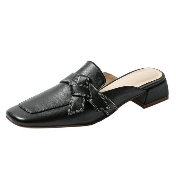 

women mules slippers slingback low heeled pumps female genuine leather square toe shoes for women party basic loafers size 41 42, Black