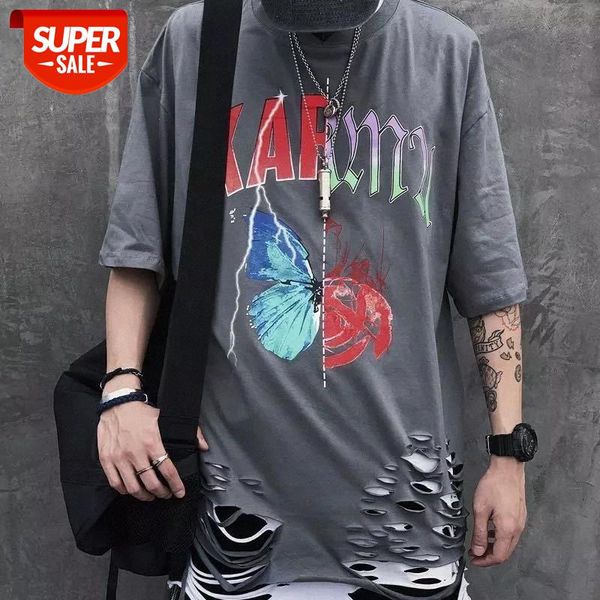 

High Street Butterfly Printing T-shirt Causal Loose Knife Cut Hole Short Sleeve Hip Hop T-shirts unisex tops tees for women men #Zs83, White