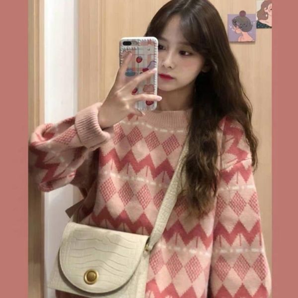 

pink plaid knitted sweater female loose vintage diamond stripe pullover women outerwear jumper autumn winter base knit, White;black