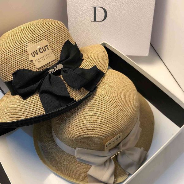 

hat women's new signature fisherman's straw fashion travel bow raised brim basin sunscreen hat tide, Black;white