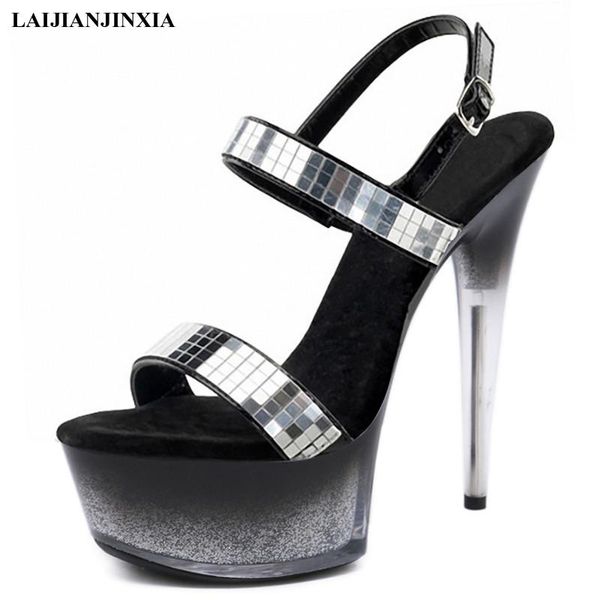 

dress shoes 15 cm super stiletto stripper heels bling buckle strap women's platform sandals 6 inches clubbing pole dance elegant, Black