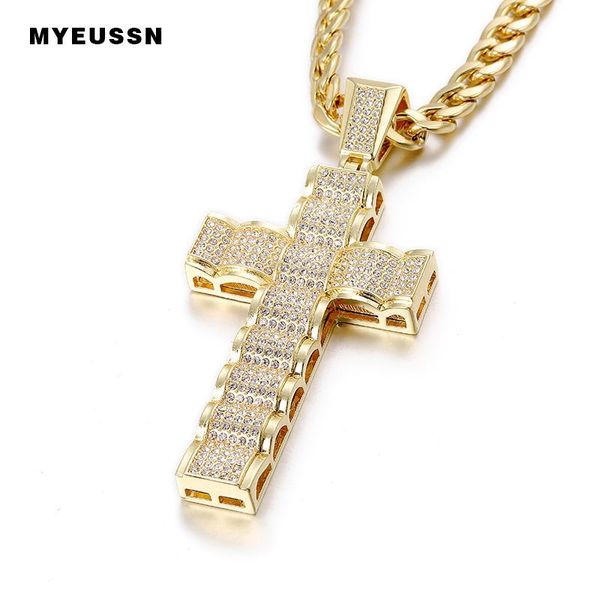

pendant necklaces wave-shaped large cross iced out bling crystal fashion chain necklace men rapper hip hop jewelry cuba's, Silver