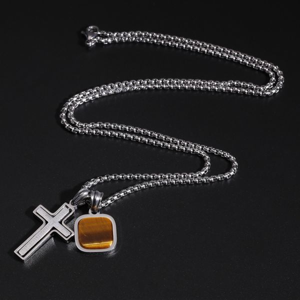 

fashion design necklace pendant liguxury jewelry christian stainless steel cross square tiger eye accessories, Silver