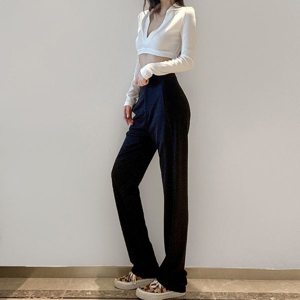 

slim solid high waist trousers women gothic autumn splice button dark straight pants female fashion street bottoms, Black;white