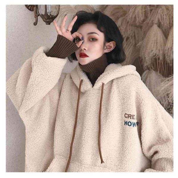 

fake two-piece hoodie 2020 autumn winter new loose korean embroidered letter imitation lamb plush coat fashion, Black