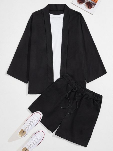 

men solid open front kimono & drawstring shorts s6eh#, Gray