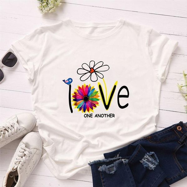 

summer flower print o neck women t shirt short sleeve casual loose female ladies, White