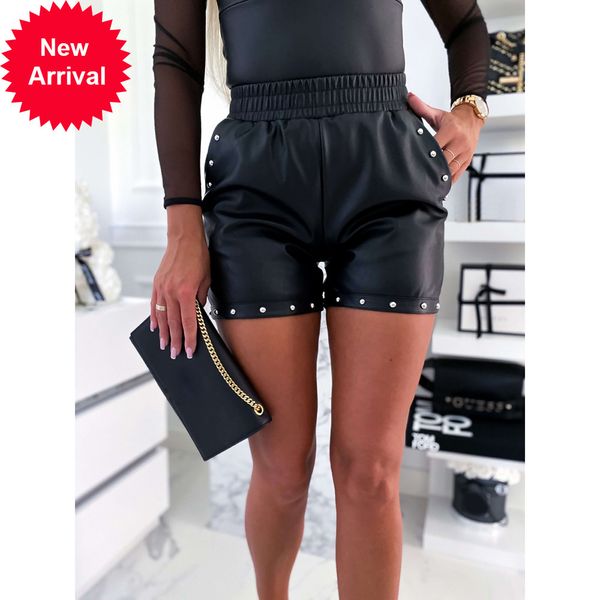 

rivet leather women high solid black elastic waist autumn lady pu shorts female short trousers d30, White;black