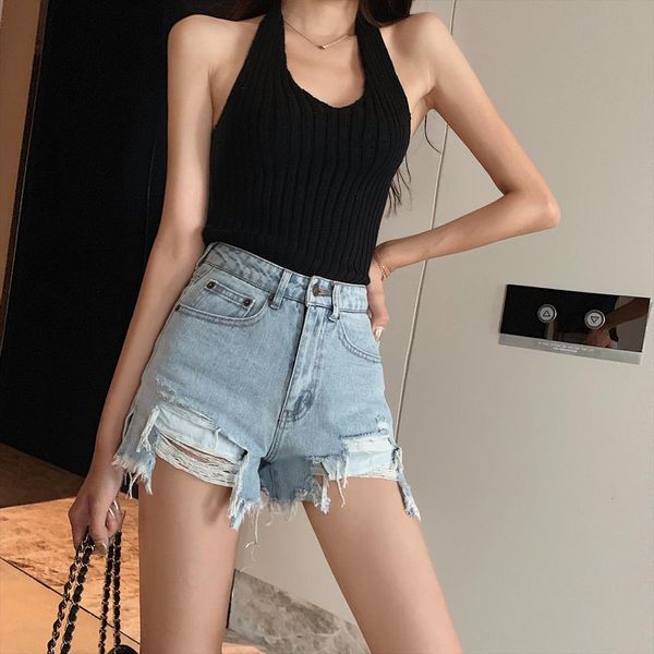 

pricing will firm offers show womens jean thin han edition tall waist hole denim shorts girl beautiful buttock pants, Blue