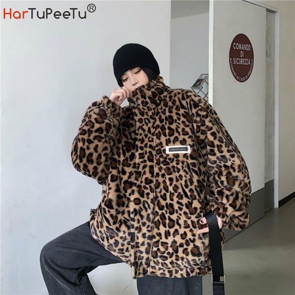 

women's fur & faux 2021 lamb wool coat winter women korean style plush jacket warm thick leopard reversible wear plus size loose zip pa, Black