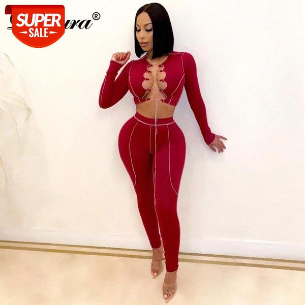 

Dulzura Patchwork Women 2 Piece Set Long Sleeve Crop Top Lace Up Bandage Cross Leggings Bodycon Sexy Tracksuit Sporty 2020 Fall #7Q1F, White